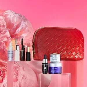 Lancôme Red Cosmetic Bag with Skincare and Makeup Set
